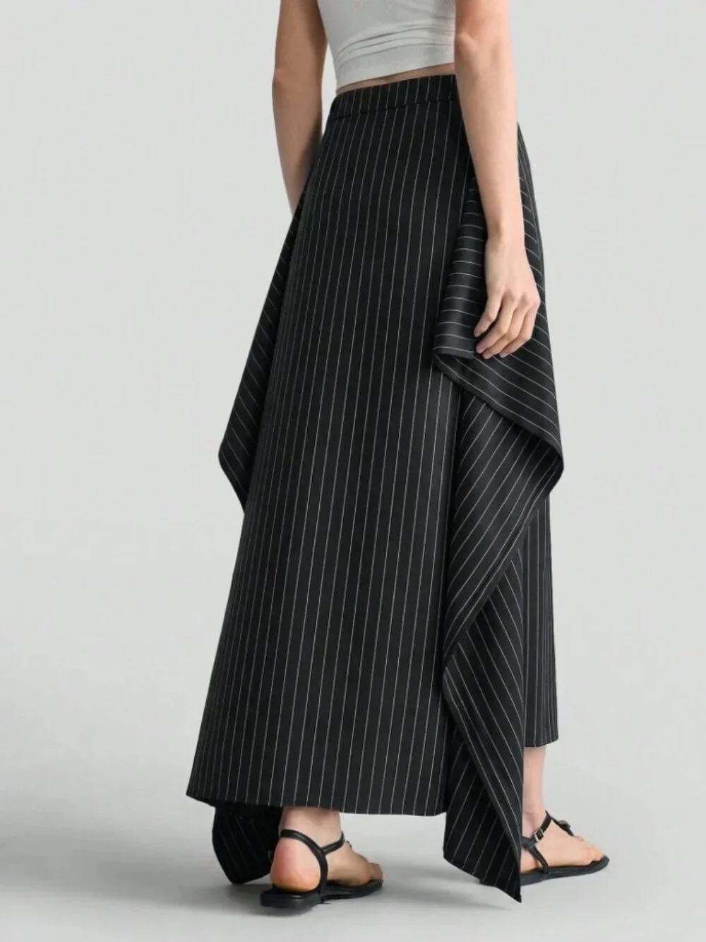 Black Pinstripe Asymmetric High-Slit Maxi Skirt